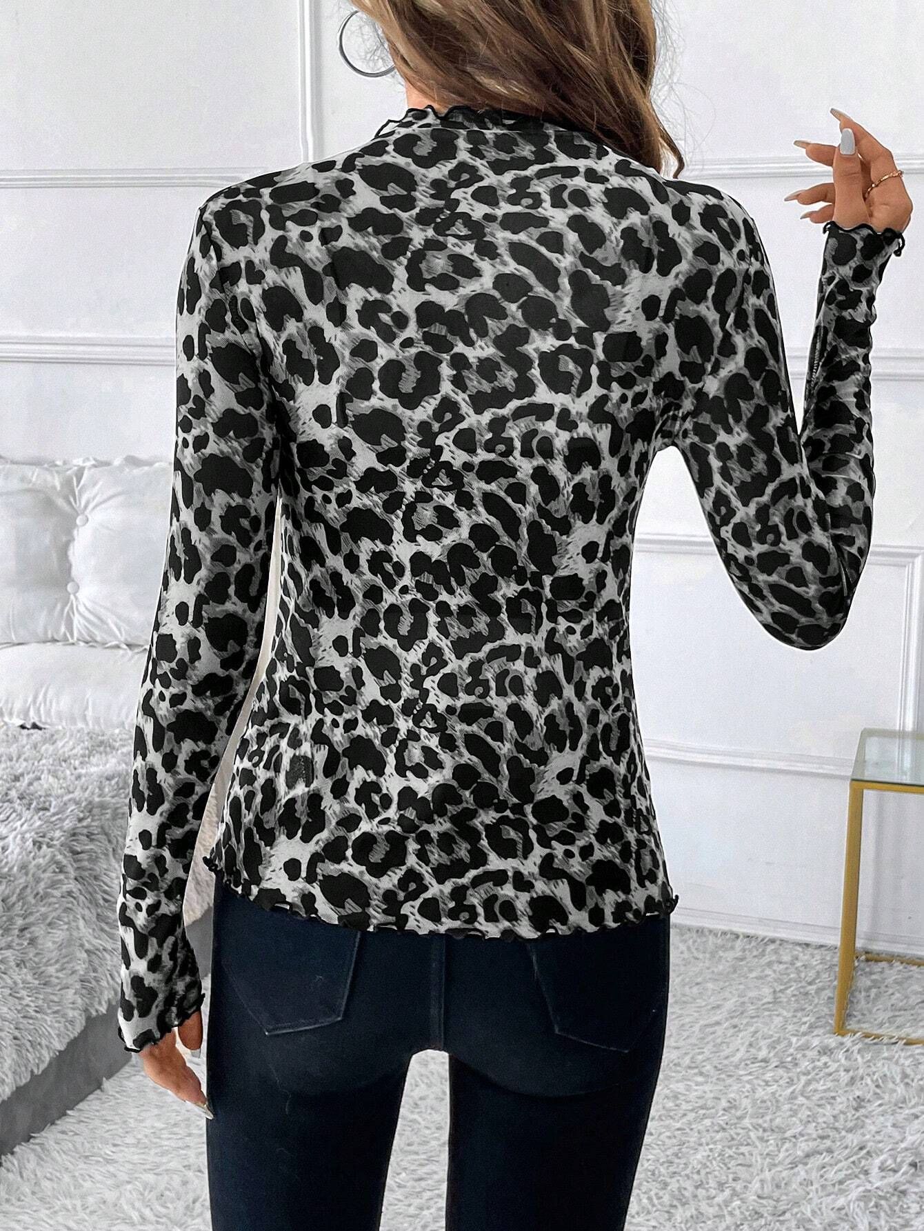 Womens Mesh T-shirt Fashion Long Sleeves Leopard Print Slim Blouse